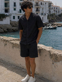 Eszett Black Textured Spread Collar Pure Cotton Shirt With Shorts Co-Ord Set