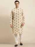 Sojanya Men Beige & Black Ikat Woven Design Pure Cotton Kurta