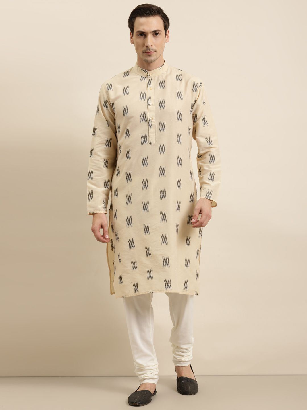 Sojanya Men Beige & Black Ikat Woven Design Pure Cotton Kurta