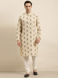 Sojanya Men Beige & Black Ikat Woven Design Pure Cotton Kurta