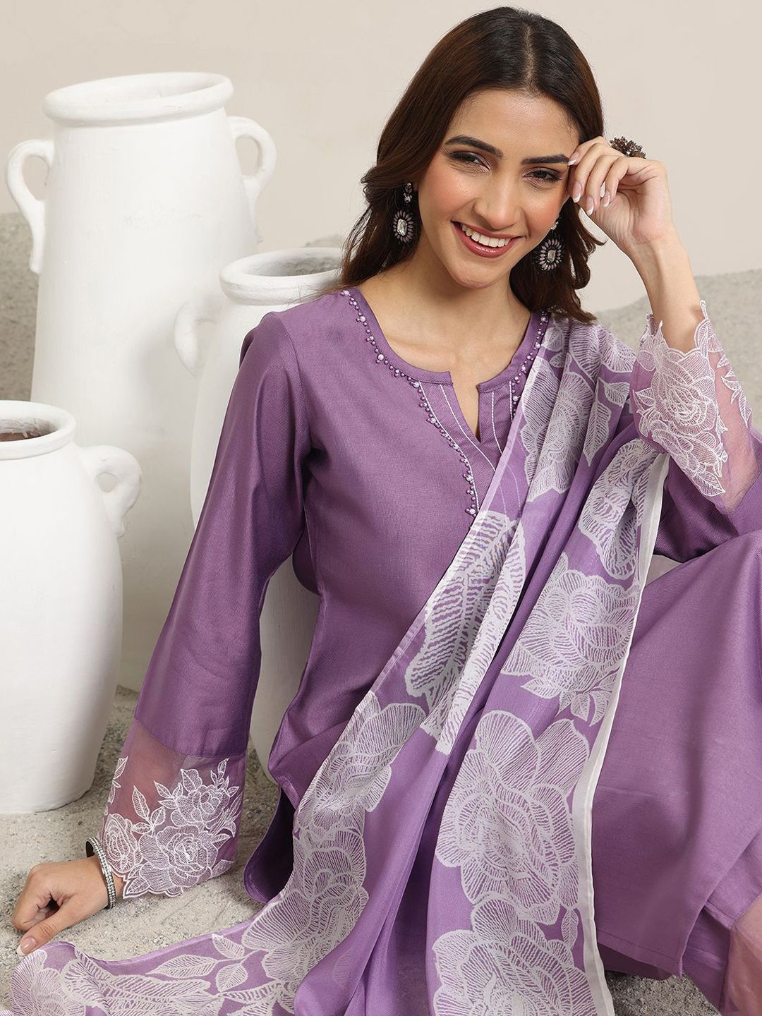 Libas Women Ethnic Motifs Yoke Design Regular Beads and Stones Kurta with Trousers & With Dupatta