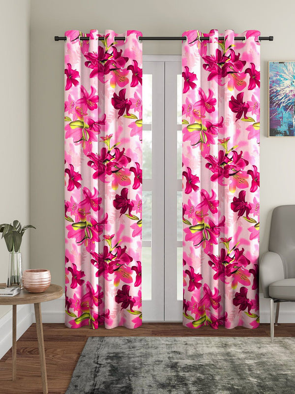Cortina Pink & Green Set of 2 Floral Printed Long Door Curtains