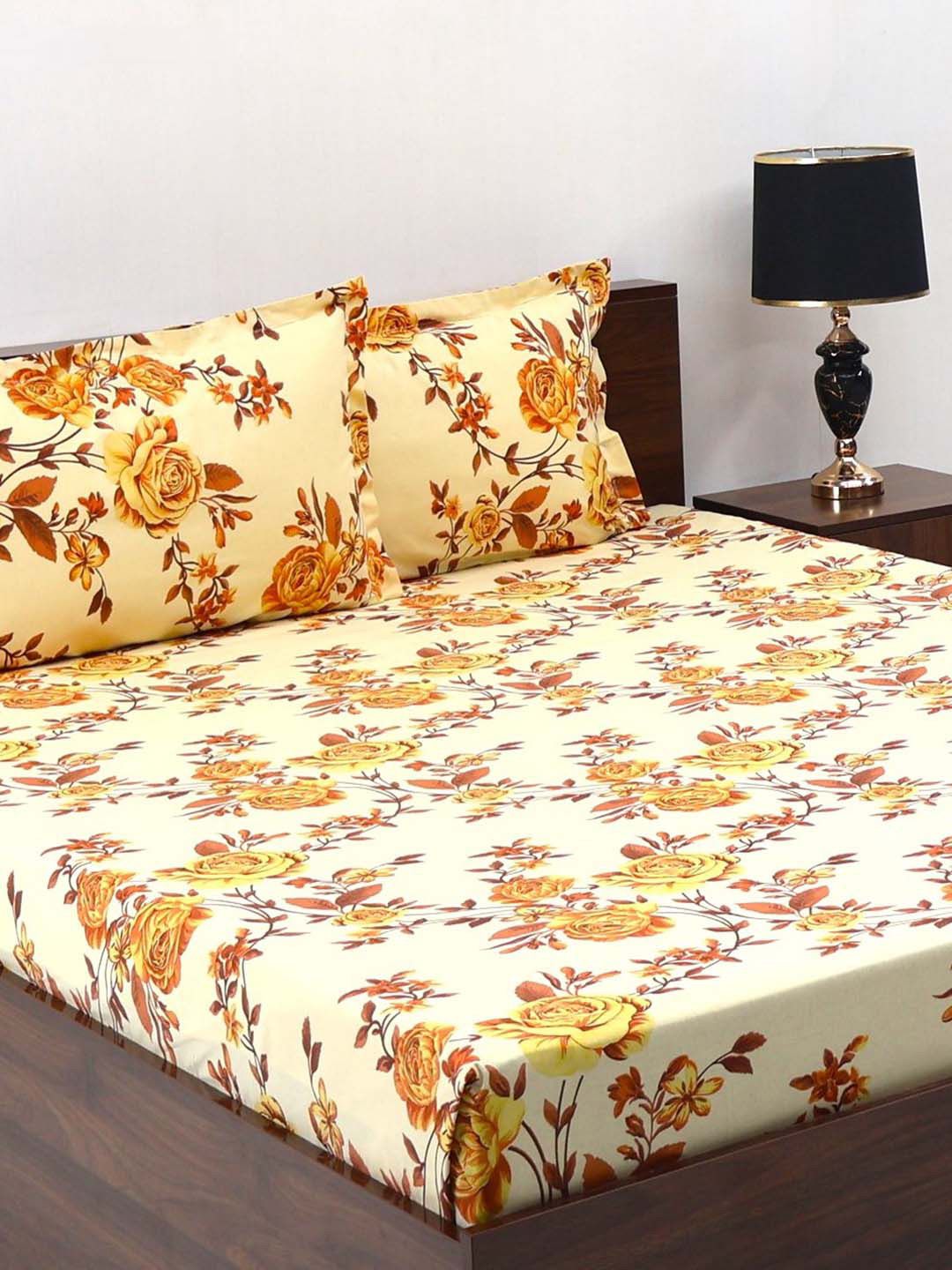 BOMBAY DYEING Cardinal Beige Floral 120 TC Cotton Queen Bedsheet Set-2.24 m X 2.54 m