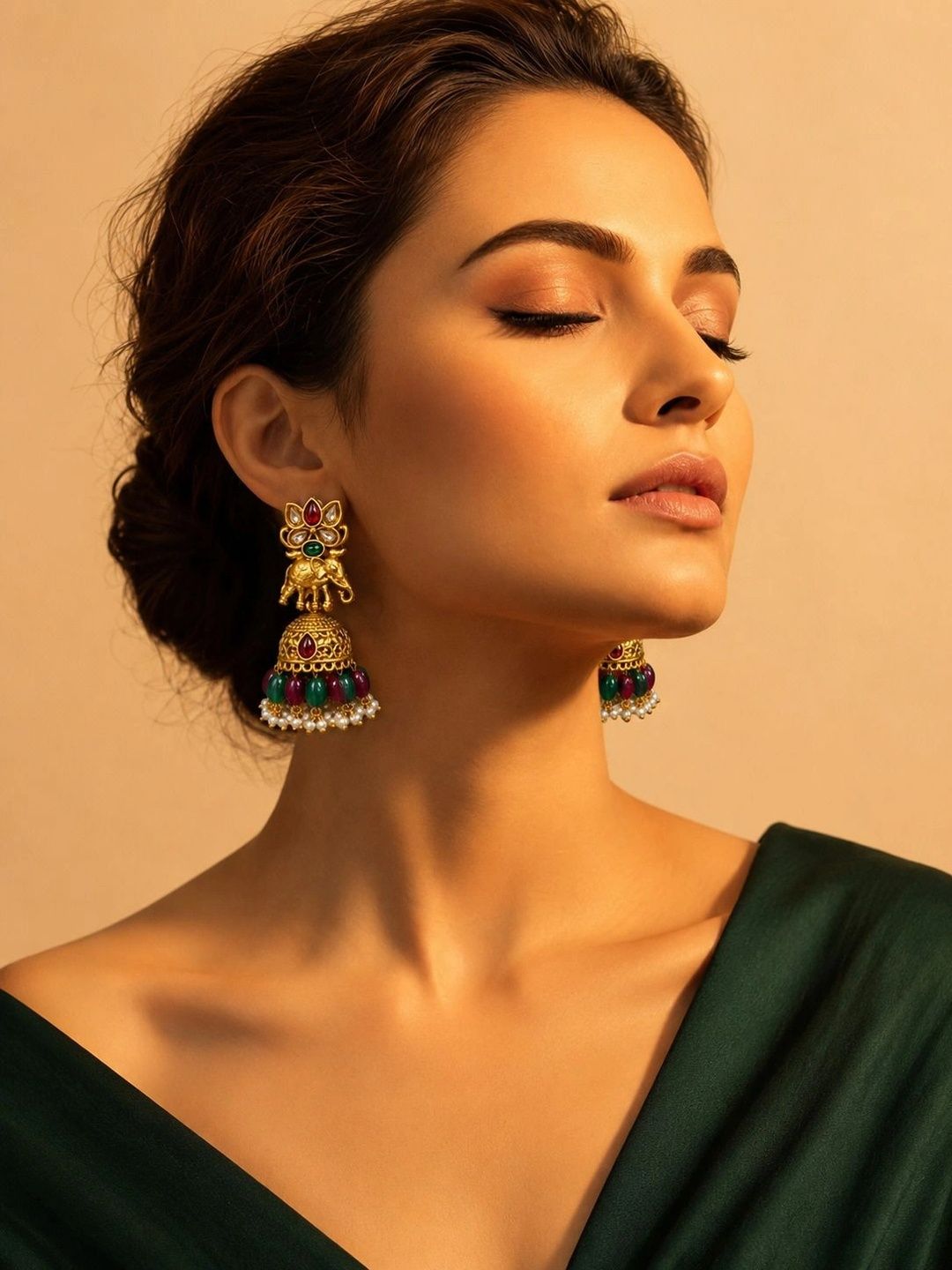 PANASH Gold Plated Artificial Stone Studded & Beaded Dome Shaped Jhumkas