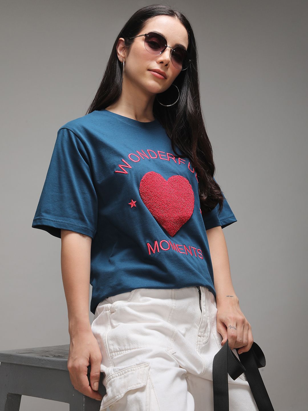 DILLINGER Women Short Sleeve Oversized Crew Neck Embroidery Tshirt