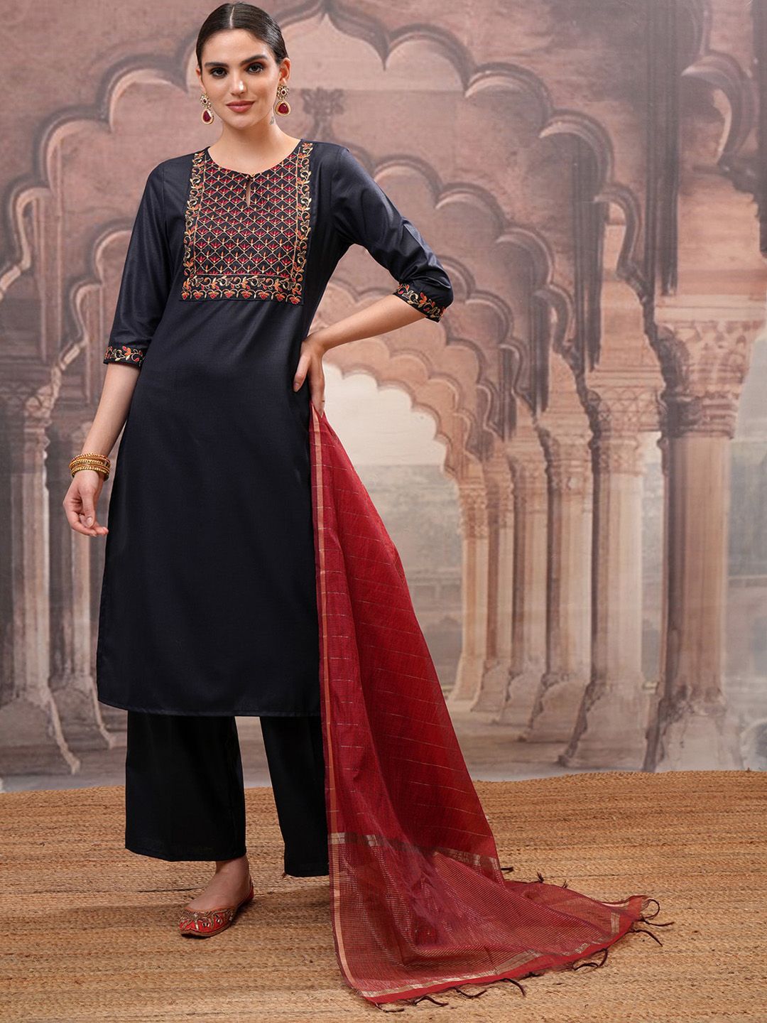 Vishudh Navy Blue Floral Embroidered Straight Kurta with Palazzo & Dupatta
