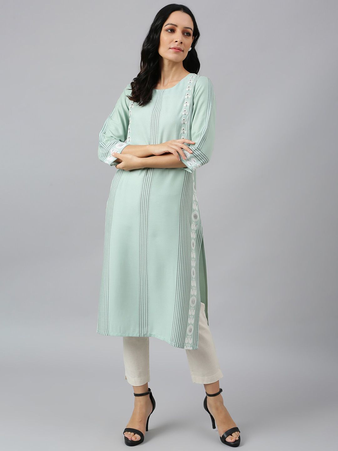 W Women Green Striped Thread Work Floral Viscose Rayon Kurta