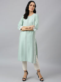 W Women Green Striped Thread Work Floral Viscose Rayon Kurta