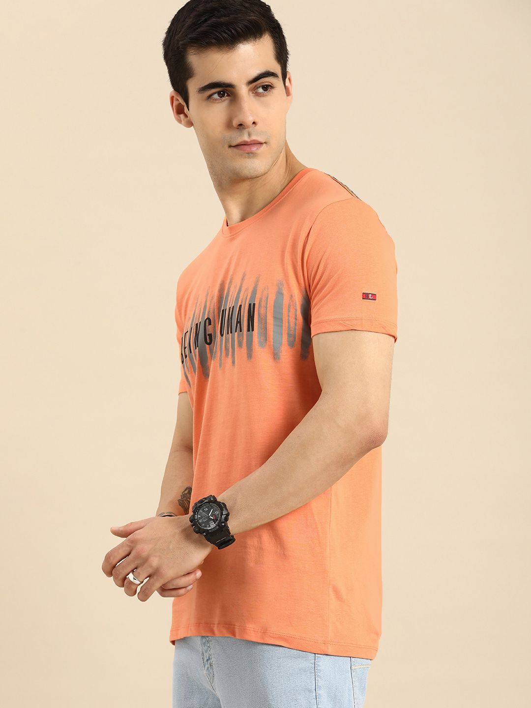 Being Human Men Orange & Black Typography Printed Pure Cotton T-shirt