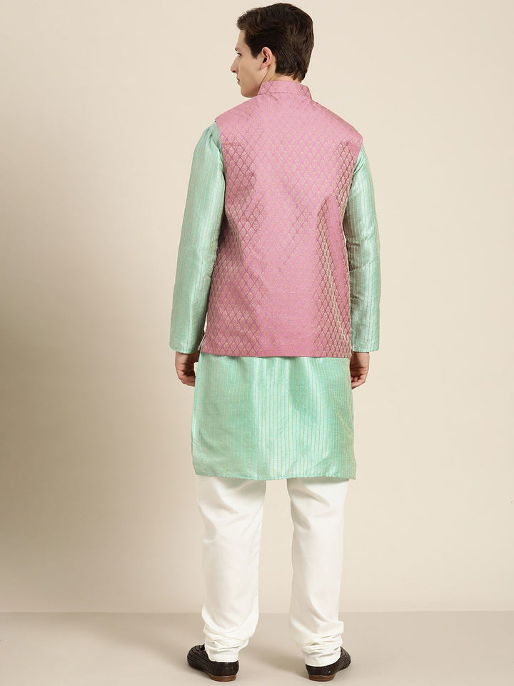 SOJANYA Lelaki Sea Green & Beige Thread Work Straight Kurta Churidar dengan Jaket Nehru