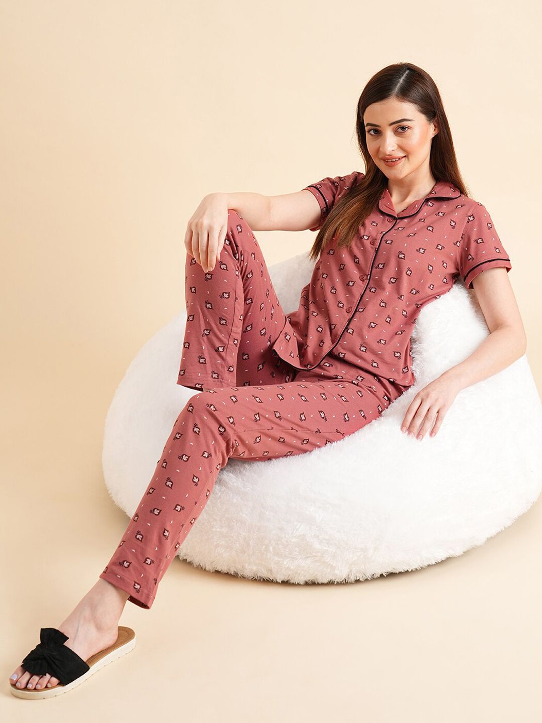 Sweet Dreams Peach-Coloured & White Floral Printed Pure Cotton Night Suits