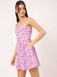 DressBerry Soft Pastel Floral Printed Shoulder Straps Fit & Flare Mini Dress