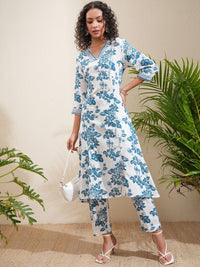 Vishudh Floral Printed Panelled Mirror Work Kurta With Trousers