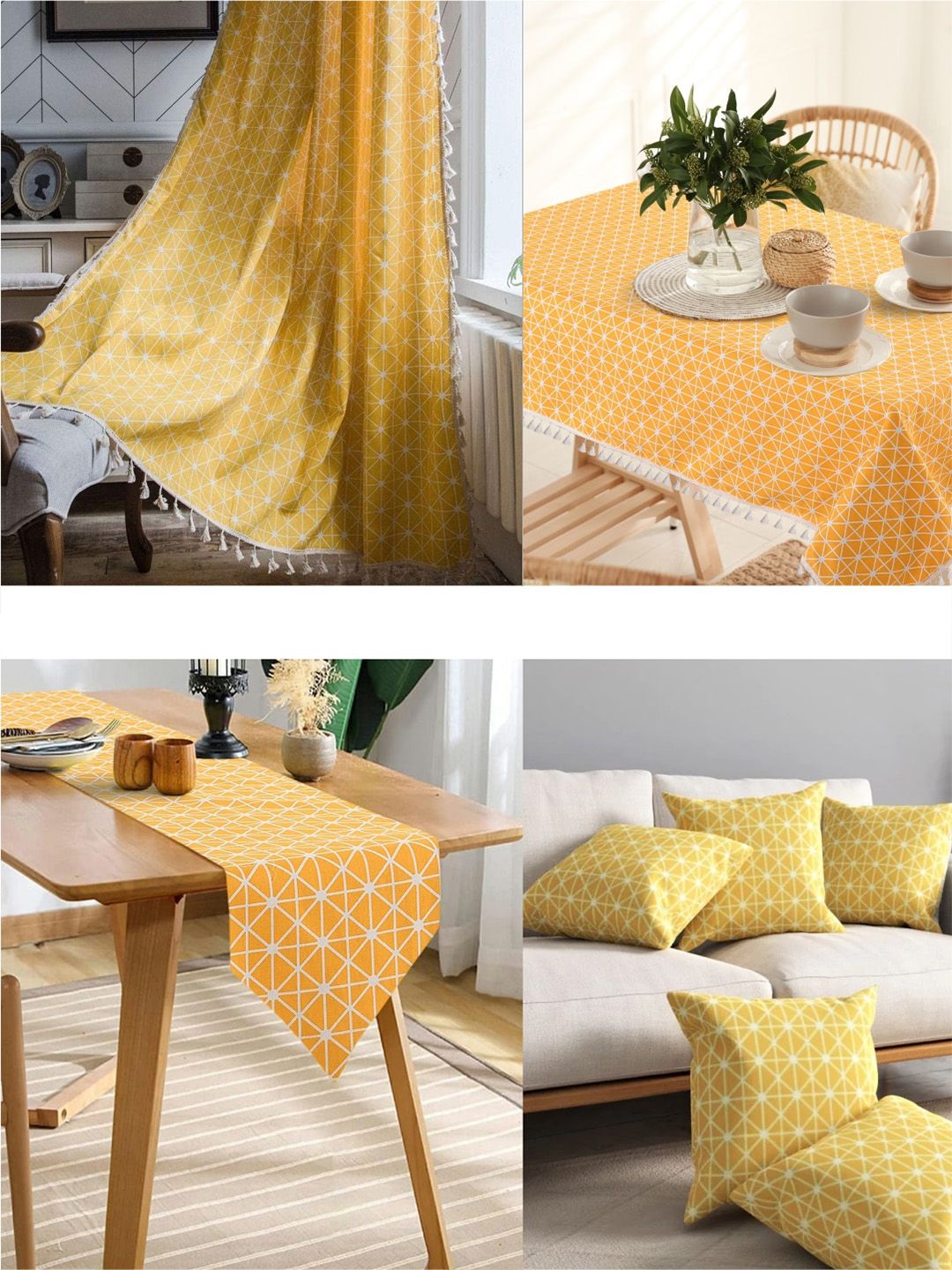 URBAN SPACE Yellow & White Geometric Printed Pure Cotton 6-Seater Table Cover