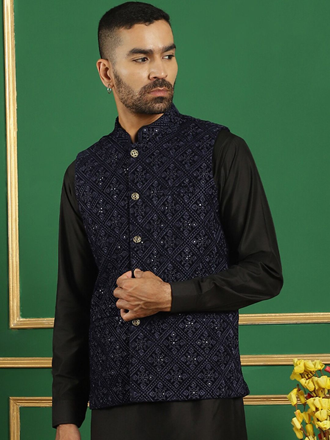 Jompers Embroidered Mandarin Collar Nehru Jackets