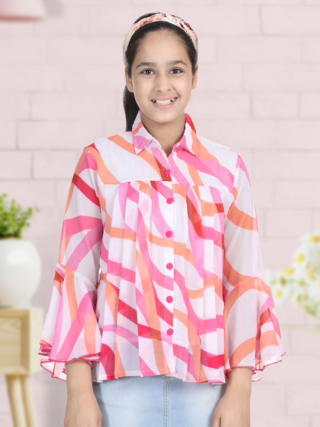 Cutiekins White & Pink Crepe Shirt Style Top