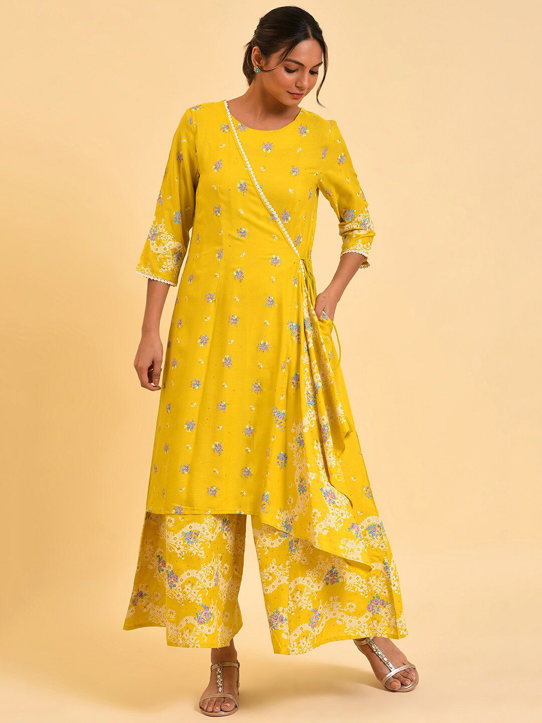 W Yellow & Pink Floral Printed Culotte Jumpsuit