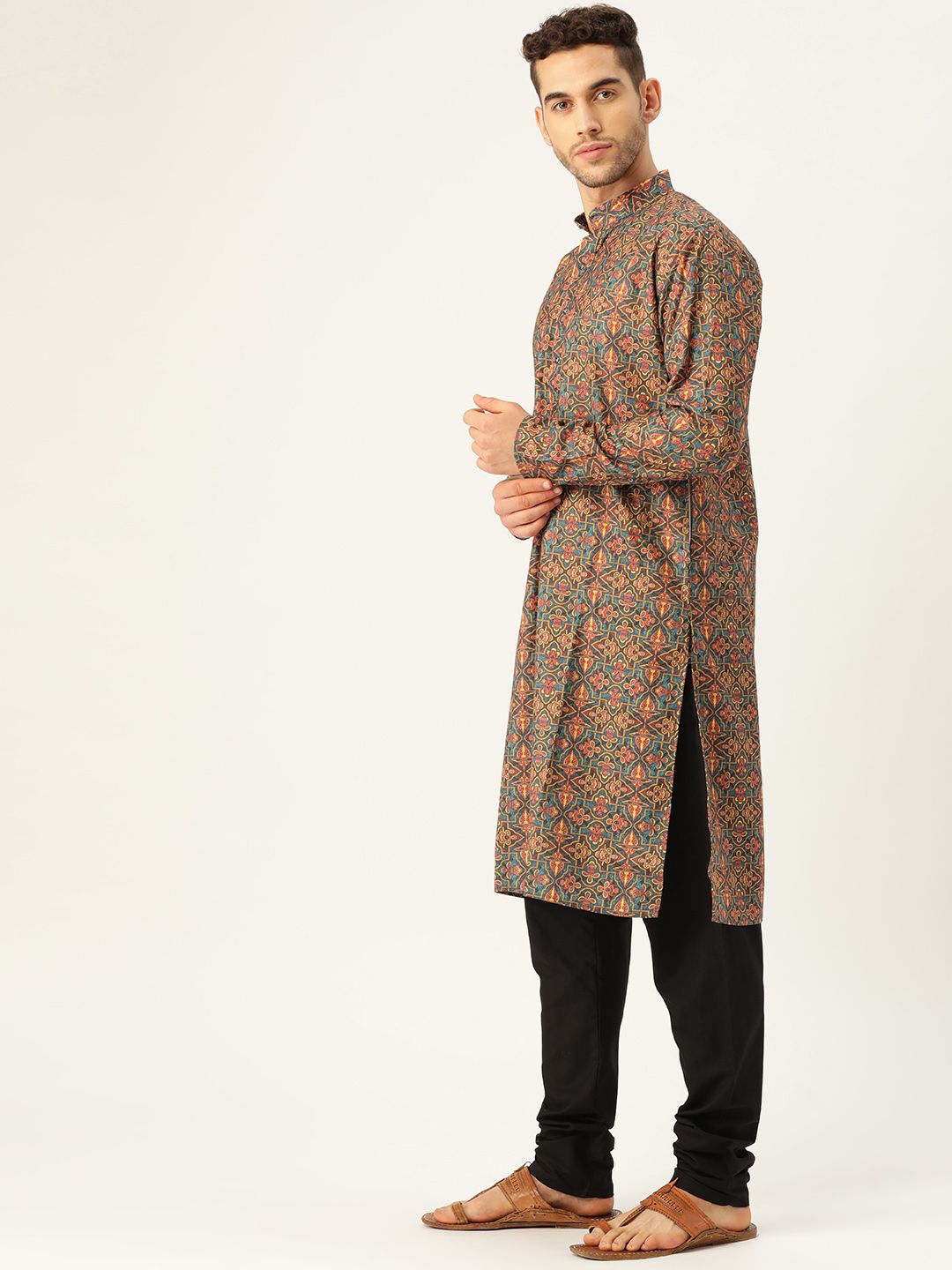 SOJANYA Men Teal Green & Pink Printed Straight Kurta