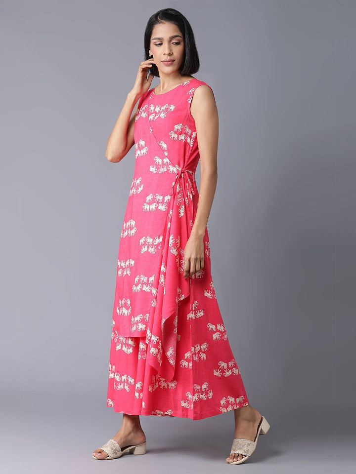 W Pink & Off-White Printed Ethnic Layered Basic Jumpsuit