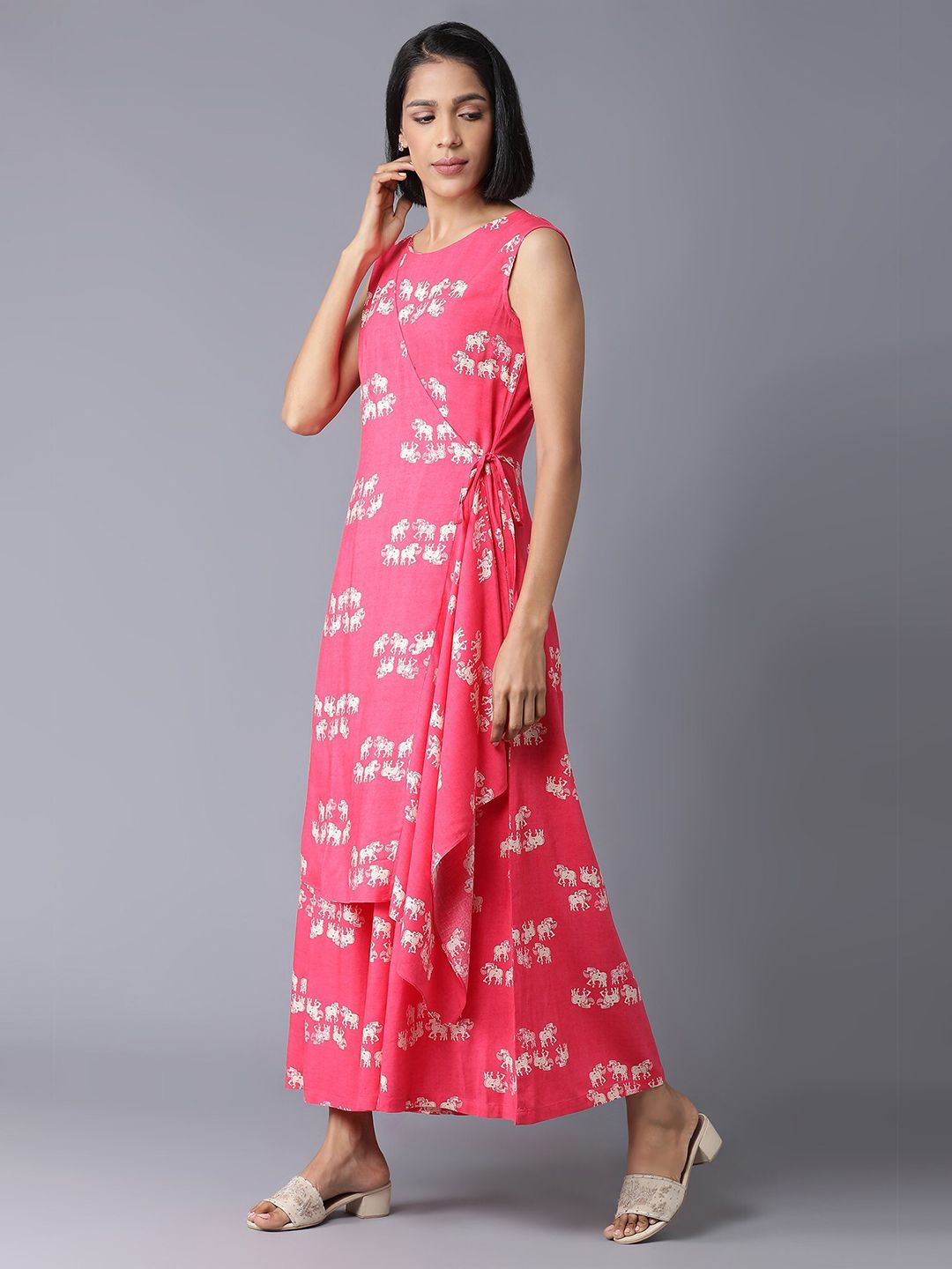 W Pink & Off-White Printed Ethnic Layered Basic Jumpsuit