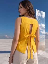 Mamicha Women's Woven Back Tie-Up Cut-Out Round Neck Sleeveless Top
