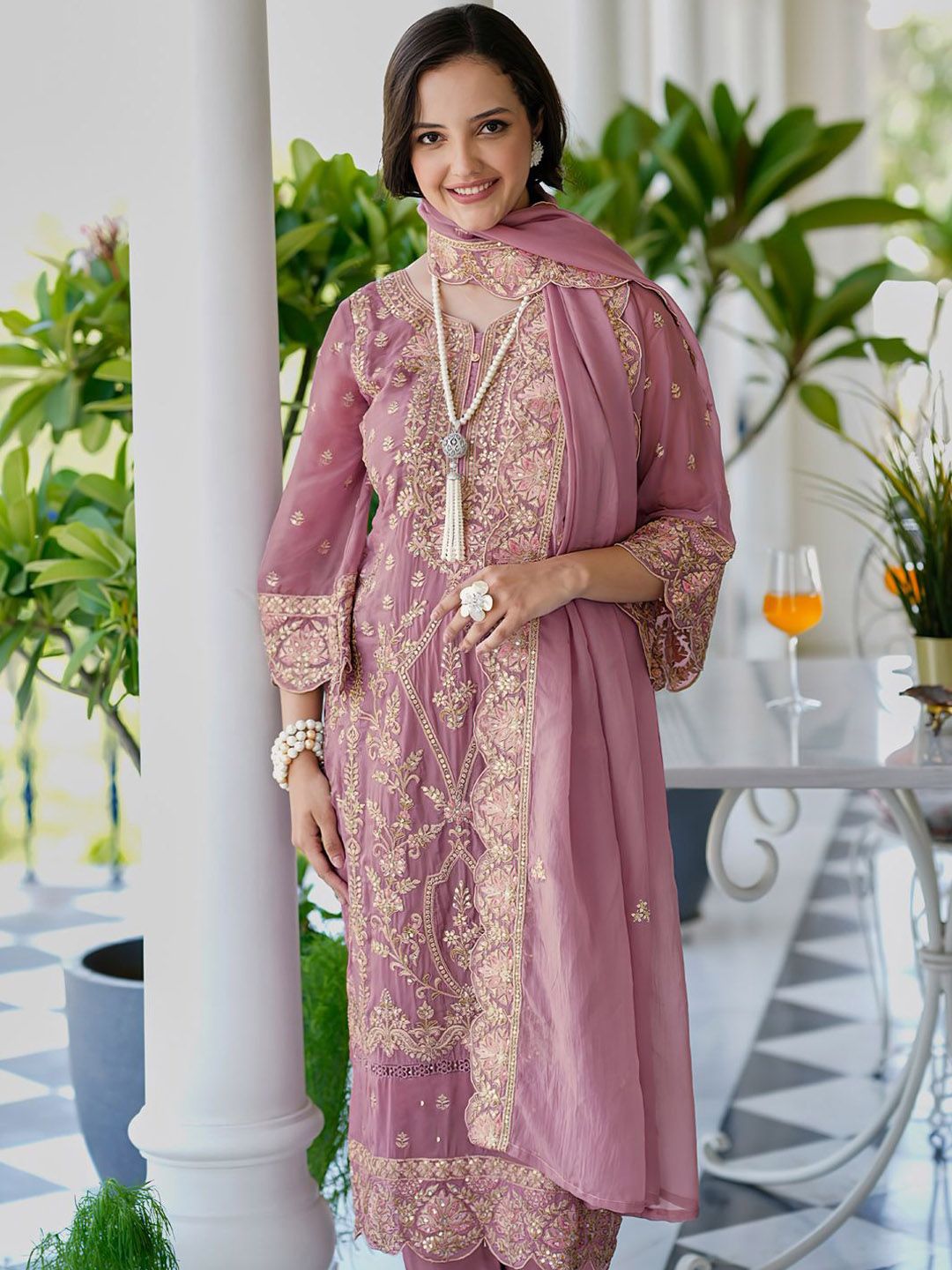 Indo Era Ethnic Motifs Embroidered V Neck Straight Kurta With Trousers & Dupatta