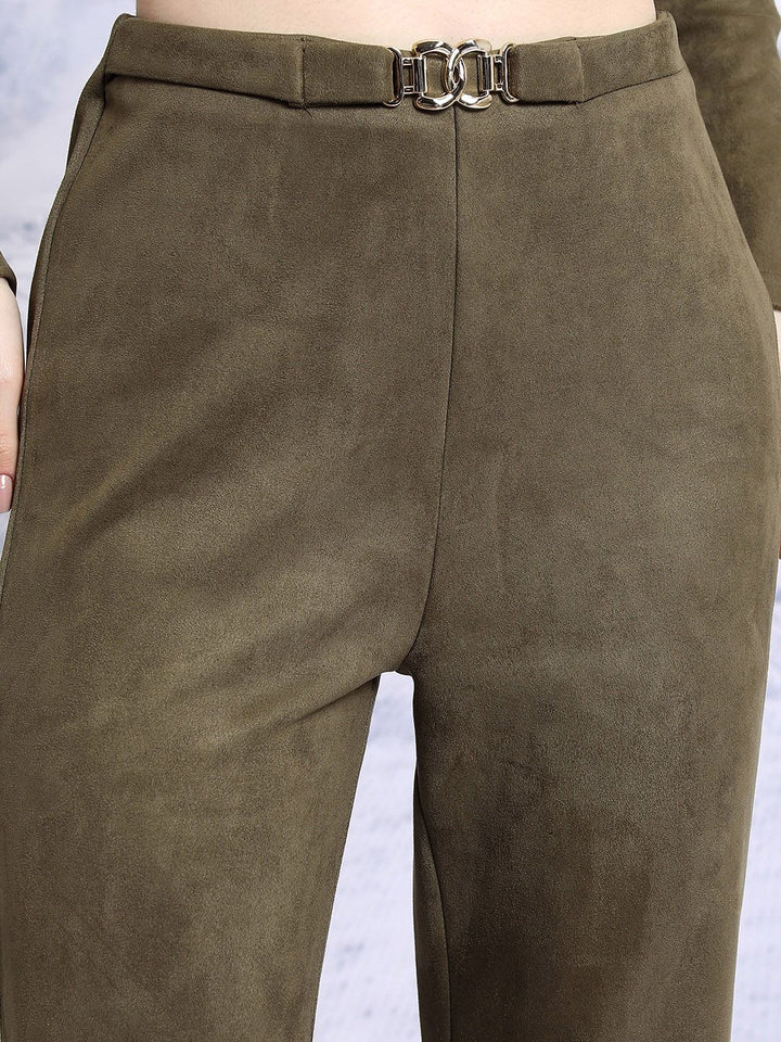 Tokyo Talkies Notched Lapel Collar Suede Crop Top & Trousers