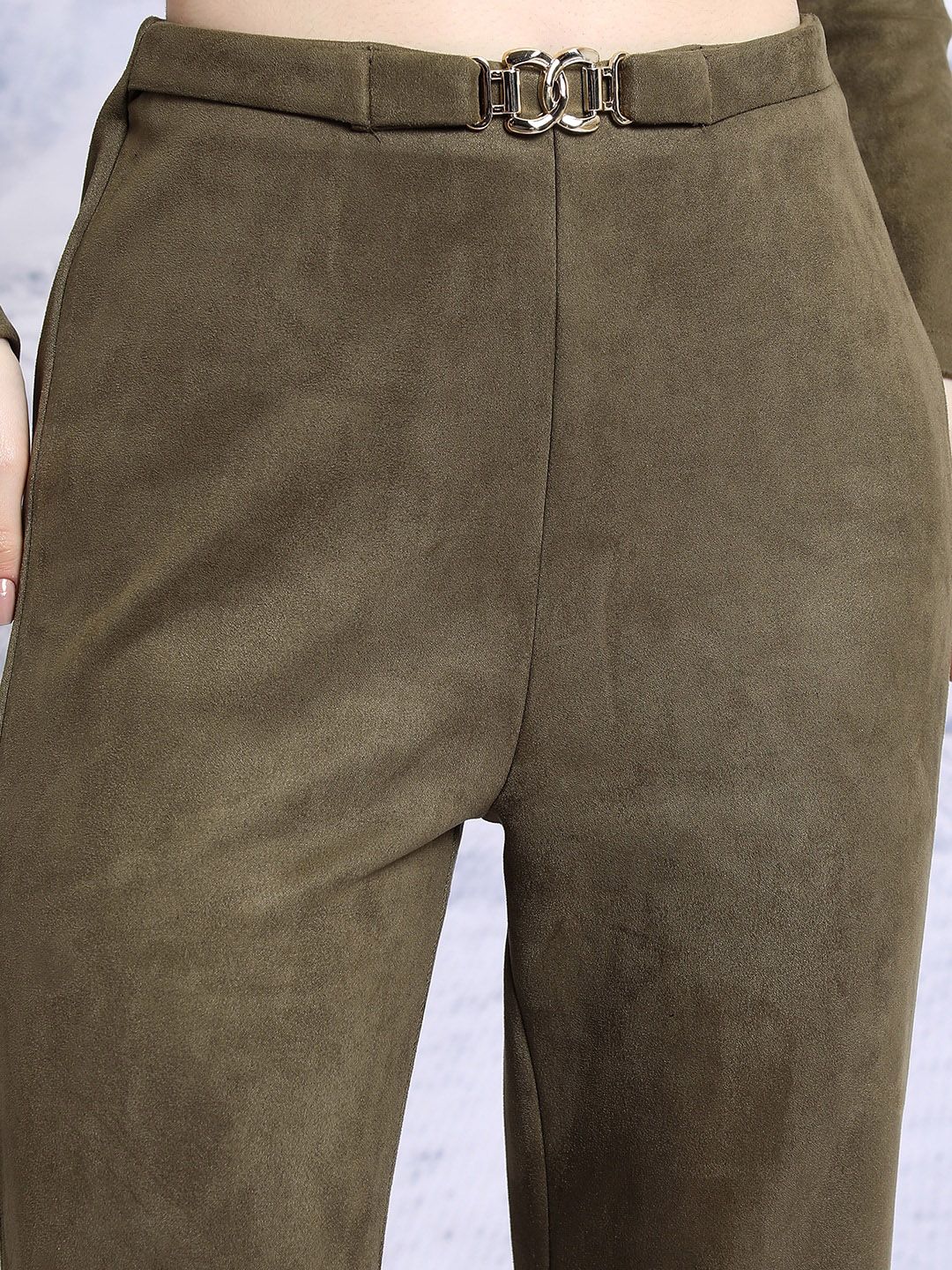 Tokyo Talkies Notched Lapel Collar Suede Crop Top & Trousers