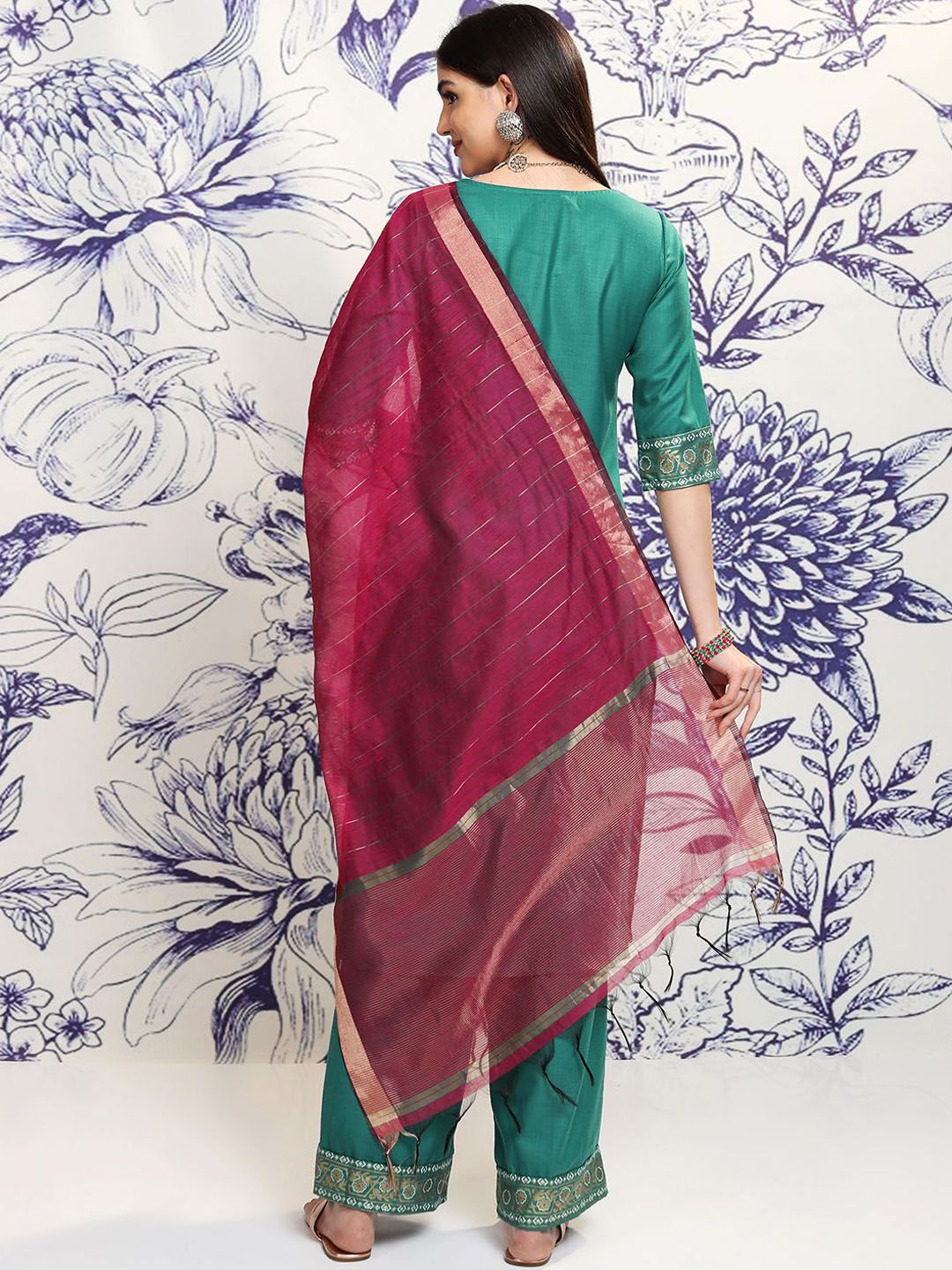 Vishudh Green Ethnic Motifs Yoke Design Regular Straight Kurta With Palazzos & Dupatta