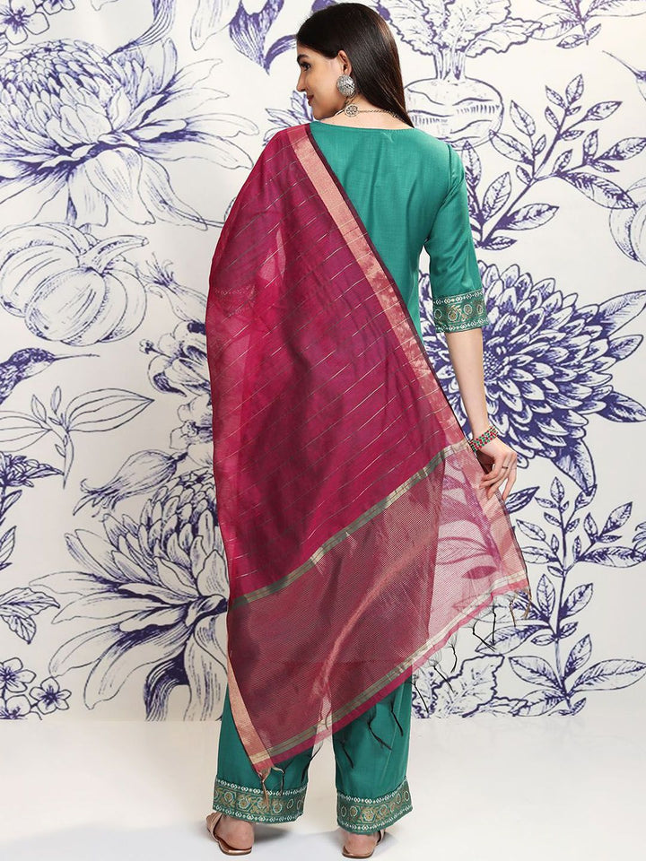 Vishudh Green Ethnic Motifs Yoke Design Regular Straight Kurta With Palazzos & Dupatta