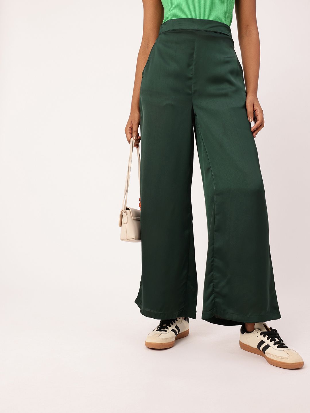 DressBerry Women Urban K-Twist Vibes Flared High-Rise Satin Finish Parallel Trousers