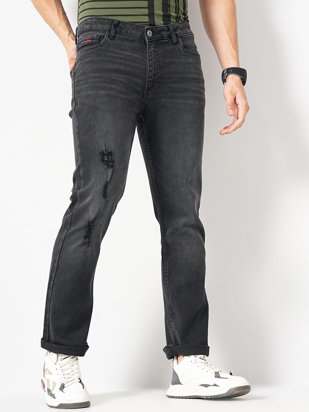 The Indian Garage Co Men Black Mid-Rise Bootcut Low Distress Heavy Fade Stretchable Jeans