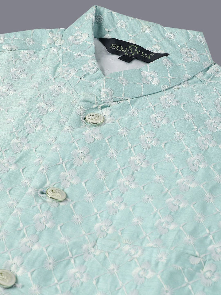 SOJANYA Kurta Kapas Tulen Sulam Bunga Lelaki Dengan Piyama & Jaket Nehru