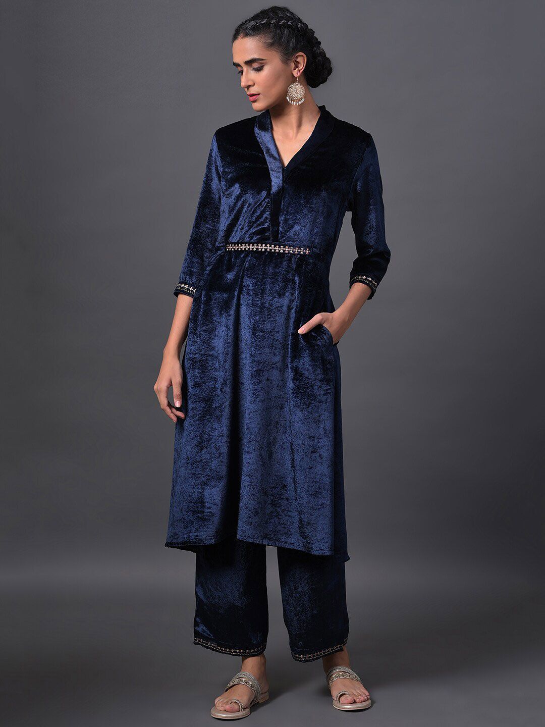 W Women Velvet Kurta with Embroidered Belt and Palazzos
