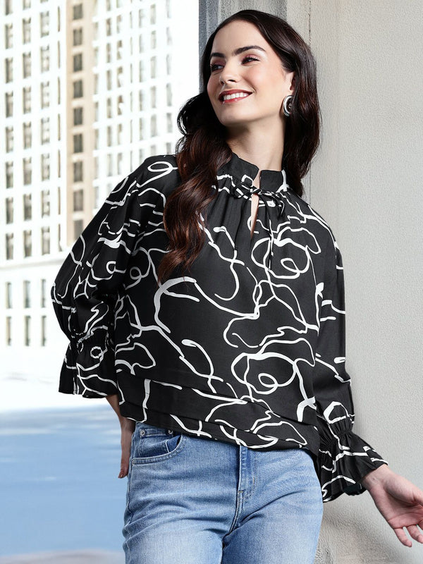 DressBerry Printed Tie-Up Neck Puff Sleeve Top