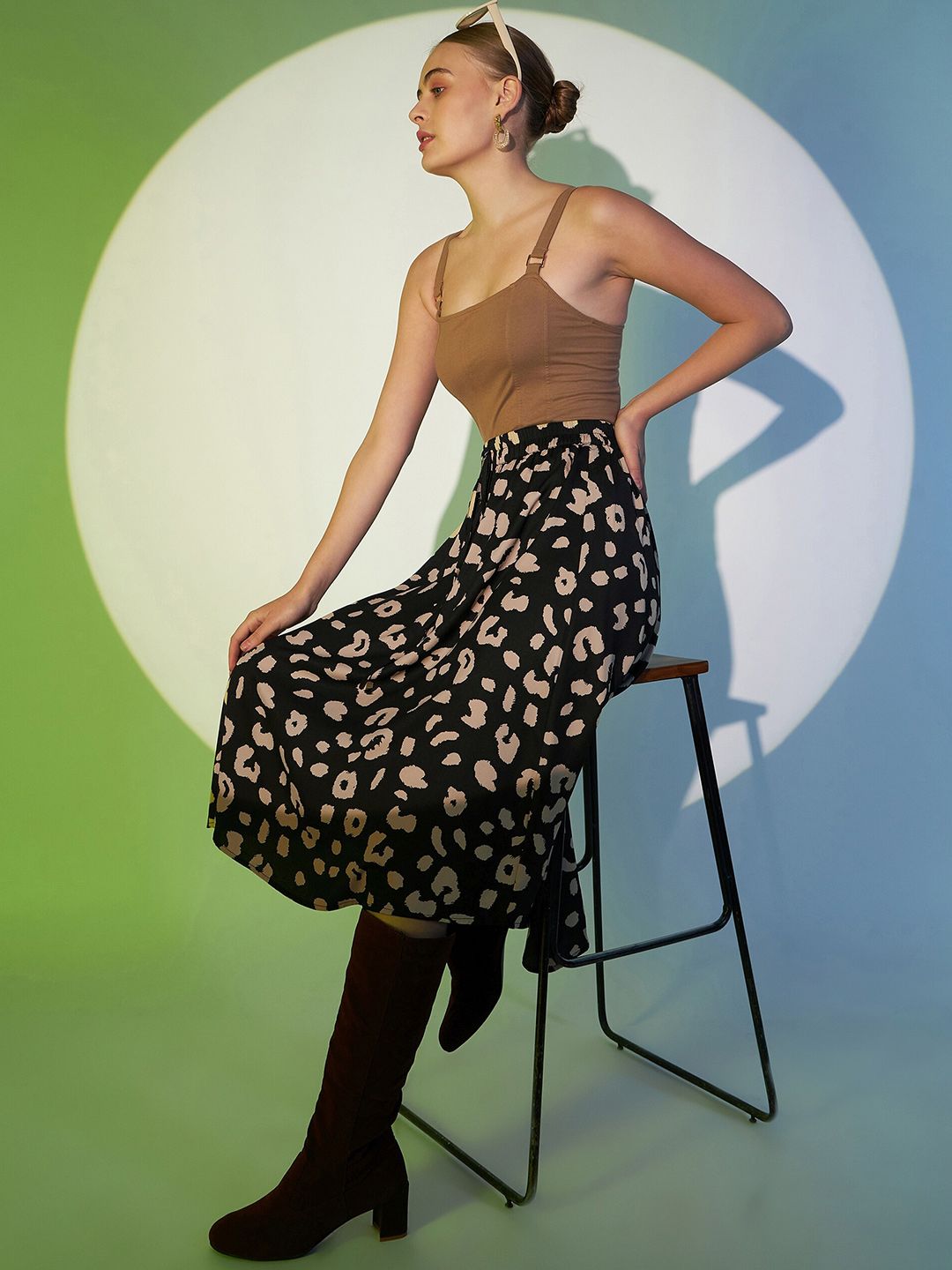 Berrylush Black Animal Printed A-Line Midi Skirt