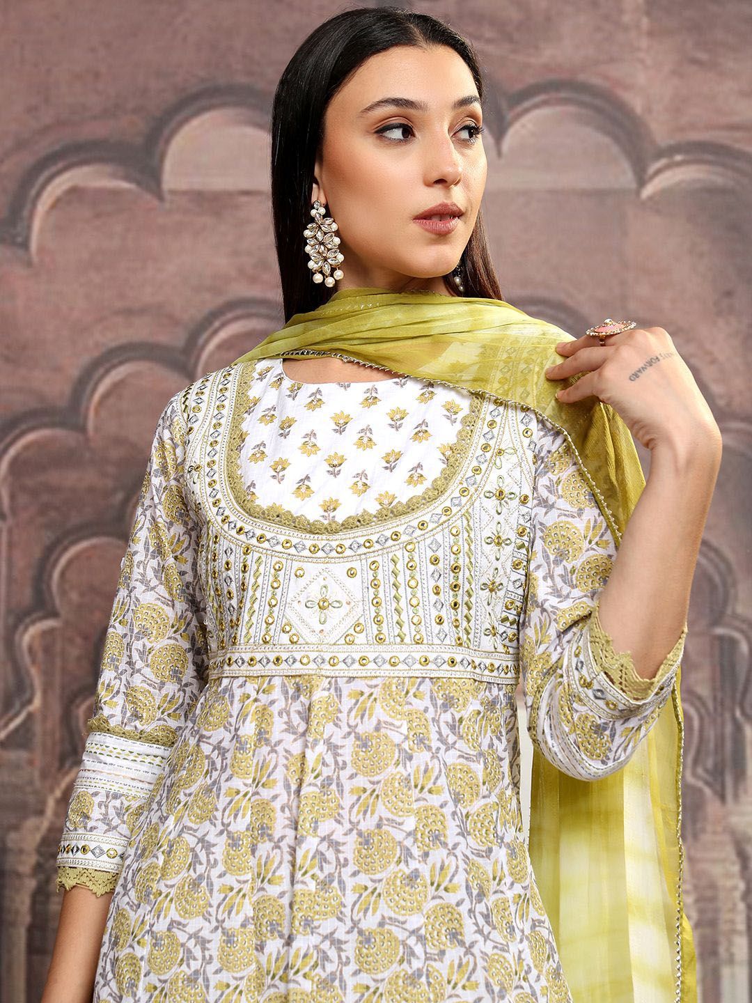 Vishudh White Printed Thread Work Pure Cotton Anarkali Kurta With Trousers & Dupatta
