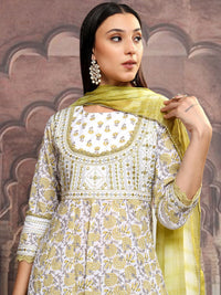 Vishudh White Printed Thread Work Pure Cotton Anarkali Kurta With Trousers & Dupatta