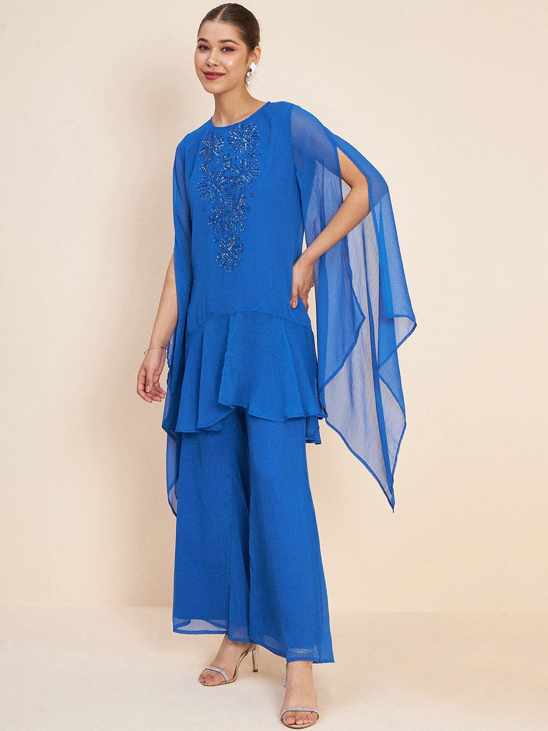 Antheaa Blue Embellished Tunic With Palazzos Co-Ords