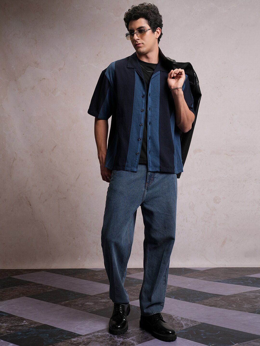 Locomotive Men Navy Dobby Textured Striper Camp Collar Oversized Shirt