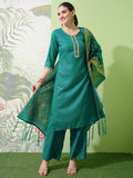 Vishudh Green & Gold Toned Round Neck Embellished Straight Kurta & Palazzos With Dupatta