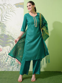 Vishudh Green & Gold Toned Round Neck Embellished Straight Kurta & Palazzos With Dupatta