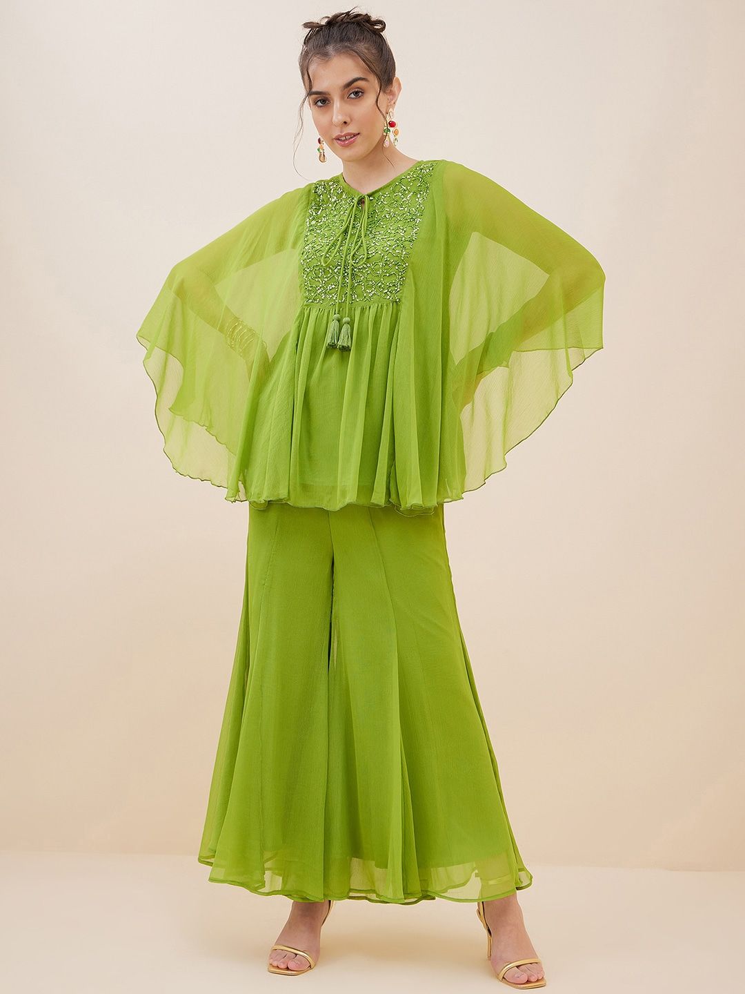 Antheaa Tie-Up Neck Extended Sleeves Beads and Stones Kaftan Top With Palazzos