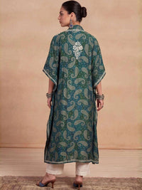 House of Chikankari Women Paisley Printed Extended Sleeves Thread Work Crepe Kaftan Kurta