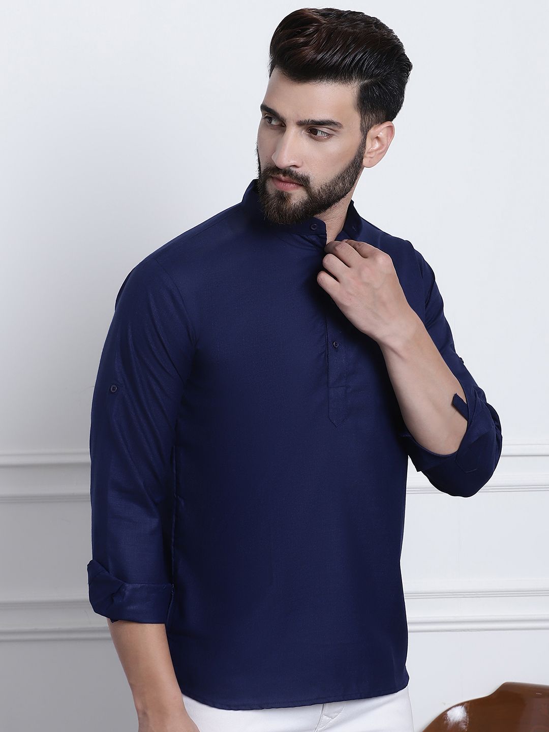 Anug by SOJANYA Men Navy Blue Mandarin Collar Kurta