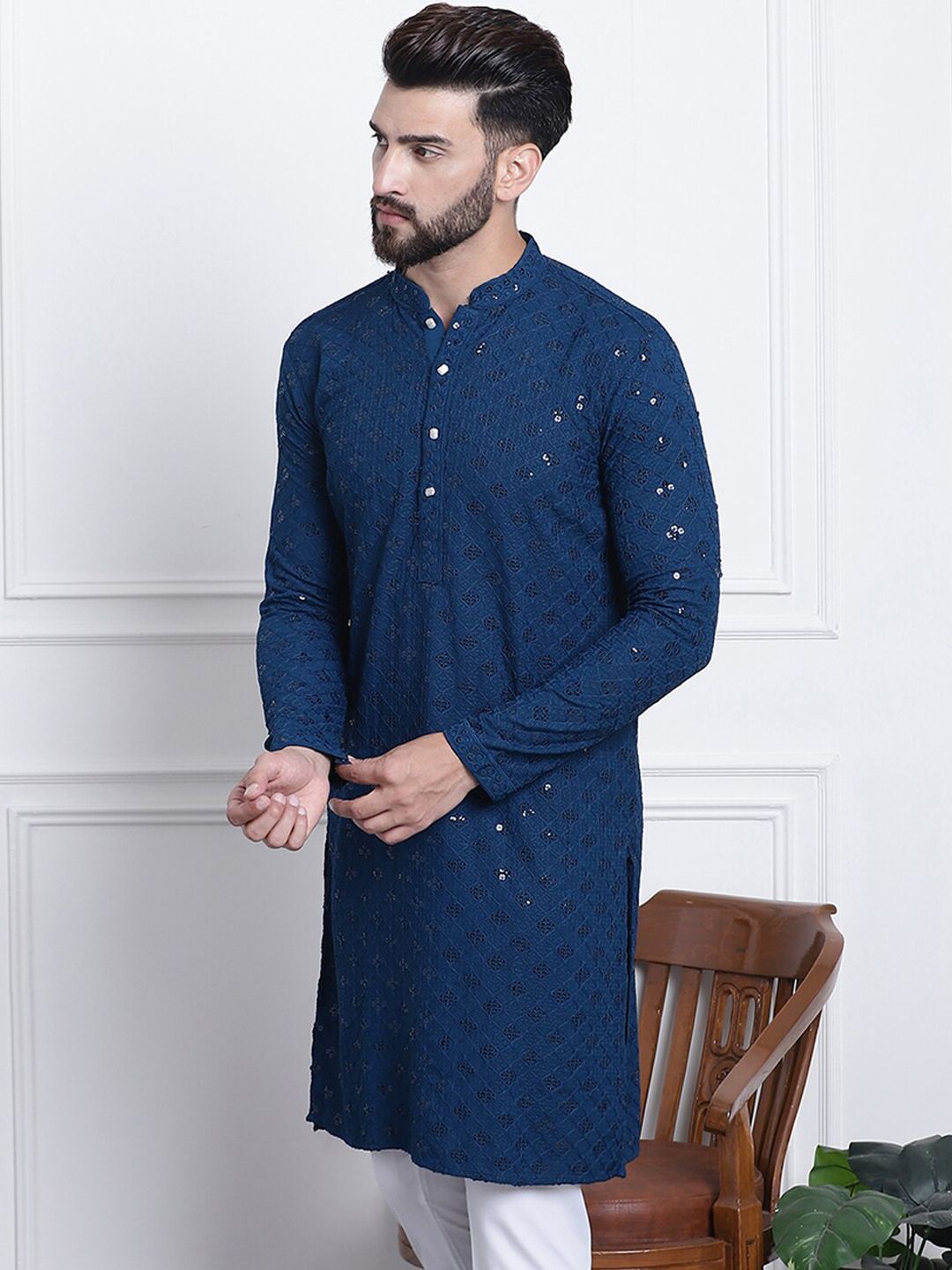 SOJANYA Kolar Mandarin Dihiasi Kapas Tulen Kurta
