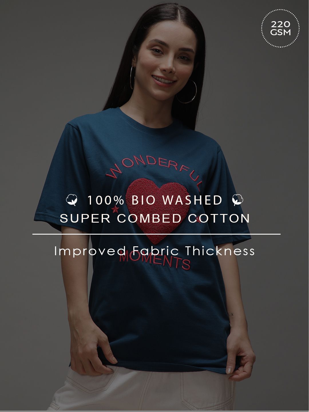 DILLINGER Women Short Sleeve Oversized Crew Neck Embroidery Tshirt