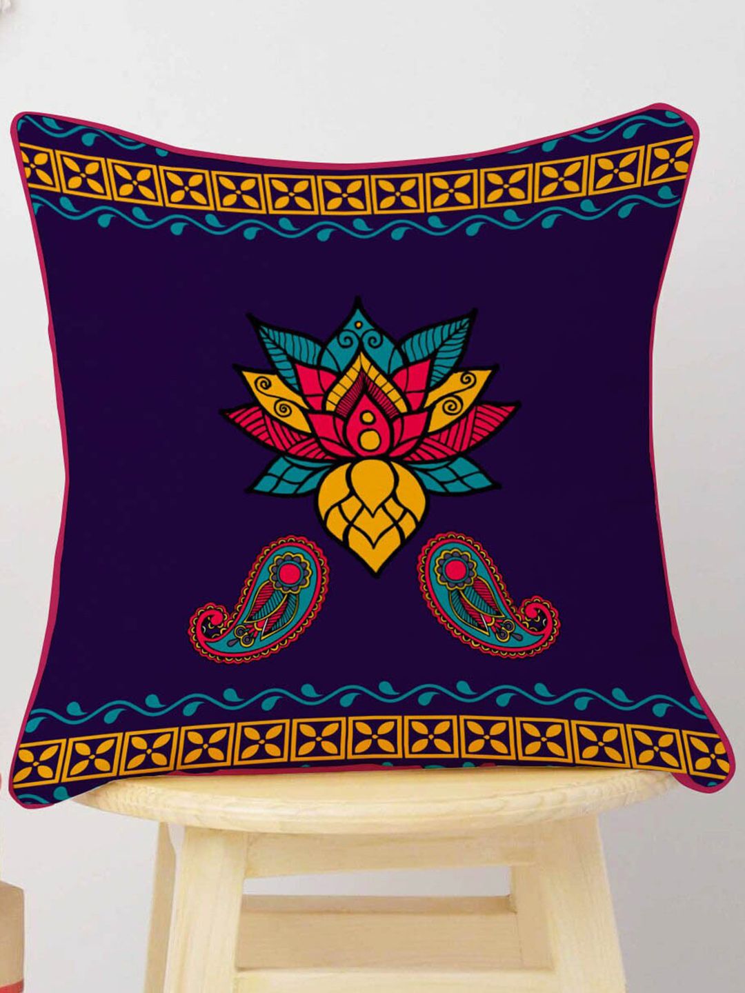 STITCHNEST Navy Blue & Orange Set of 5 Ethnic Motifs Velvet Square Cushion Covers