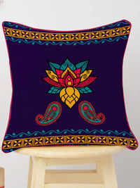 STITCHNEST Navy Blue & Orange Set of 5 Ethnic Motifs Velvet Square Cushion Covers