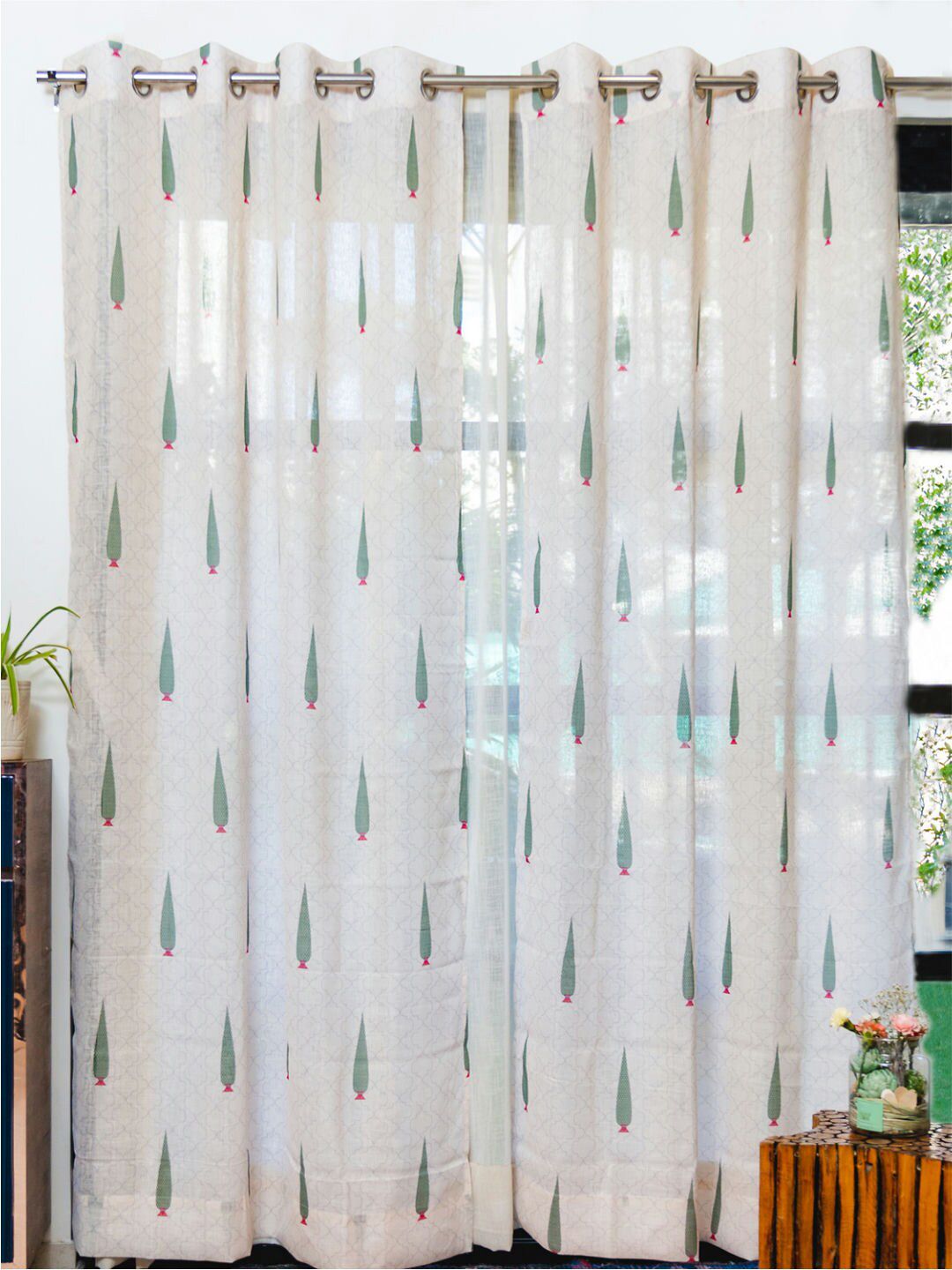 URBAN SPACE White & Green 2 Pieces Floral Printed Sheer Long Door Curtains